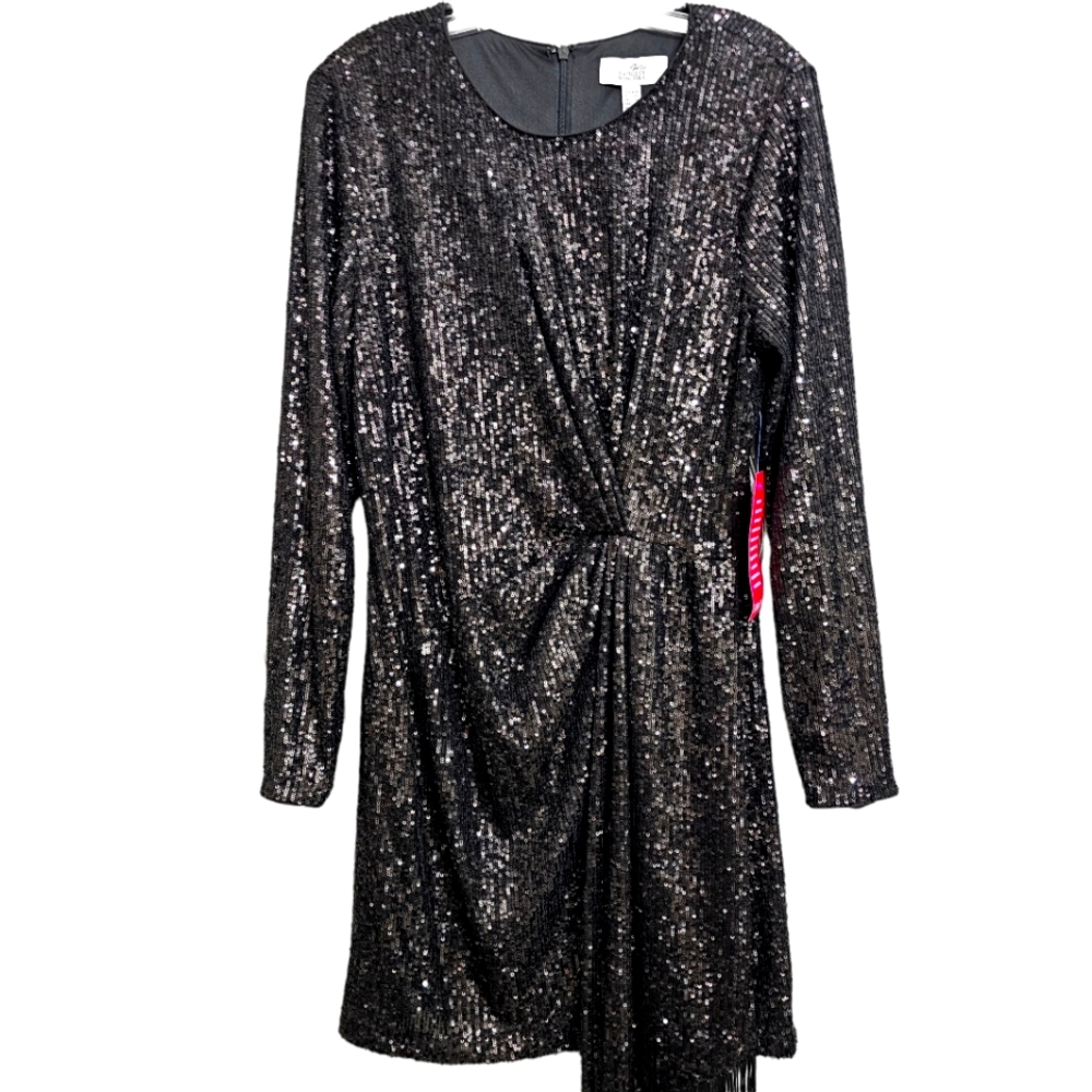 Nwt Belle Badgley Mischka Black Sequin Longsleeve Harley Long Fringed Sa… - Picture 7 of 17